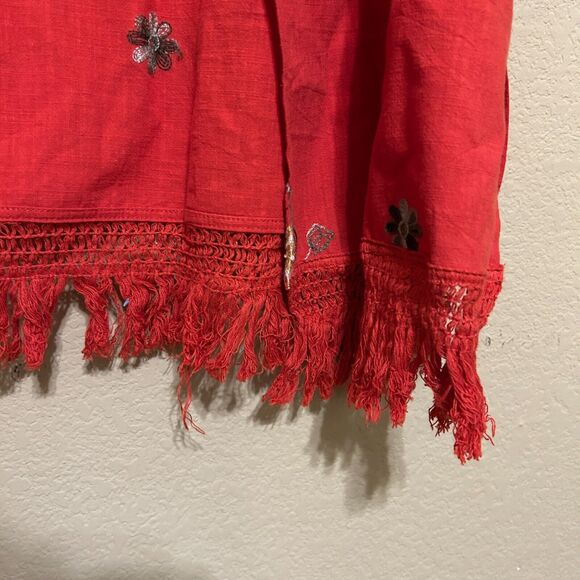 Umgee Kimono Top Medium Red Embroider Floral Open Front Hippie Cottagecore Boho - Picture 5 of 7
